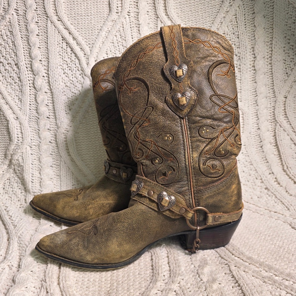 Durango Heart Concho Western Boots Brown Distressed Leather Womens 10M Excellent